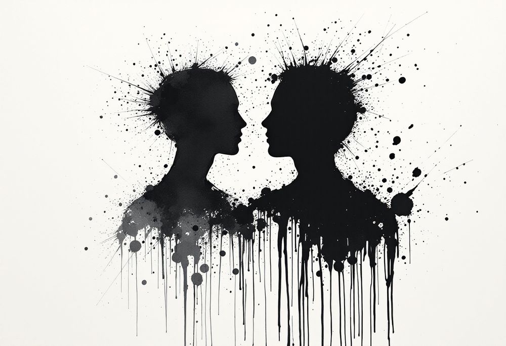 Ink-wash painting: two mirrored human profiles facing each other, one grey and one black, bleeding into one another.