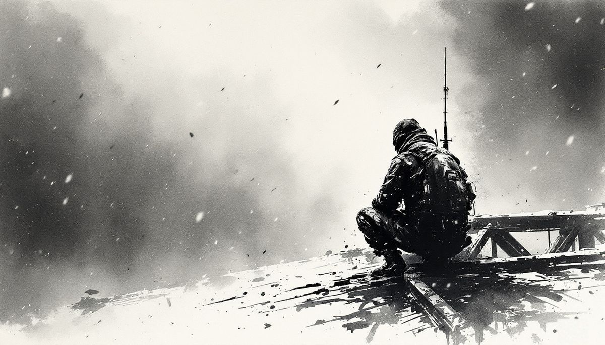 Ink-wash painting: a lone figure in cold-weather gear crouched on a steel gantry in blowing snow, seen from behind, a radio antenna above.