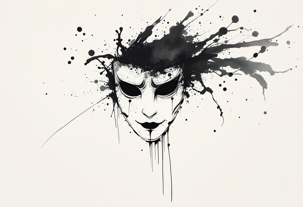 Ink-wash painting: a theatrical mask floating in empty space, half of it dissolving into ink splatter.