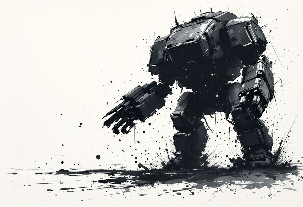Ink-wash painting: a hulking bipedal walking machine seen from a low angle, its heavy legs dominating the frame.